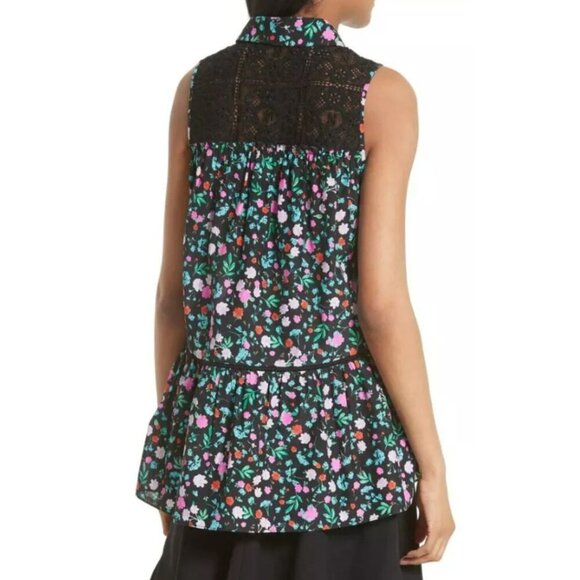 Kate Spade Floral Silk Cotton Blouse Womens Large Sleeveless Green Lace Peplum - Picture 2 of 9